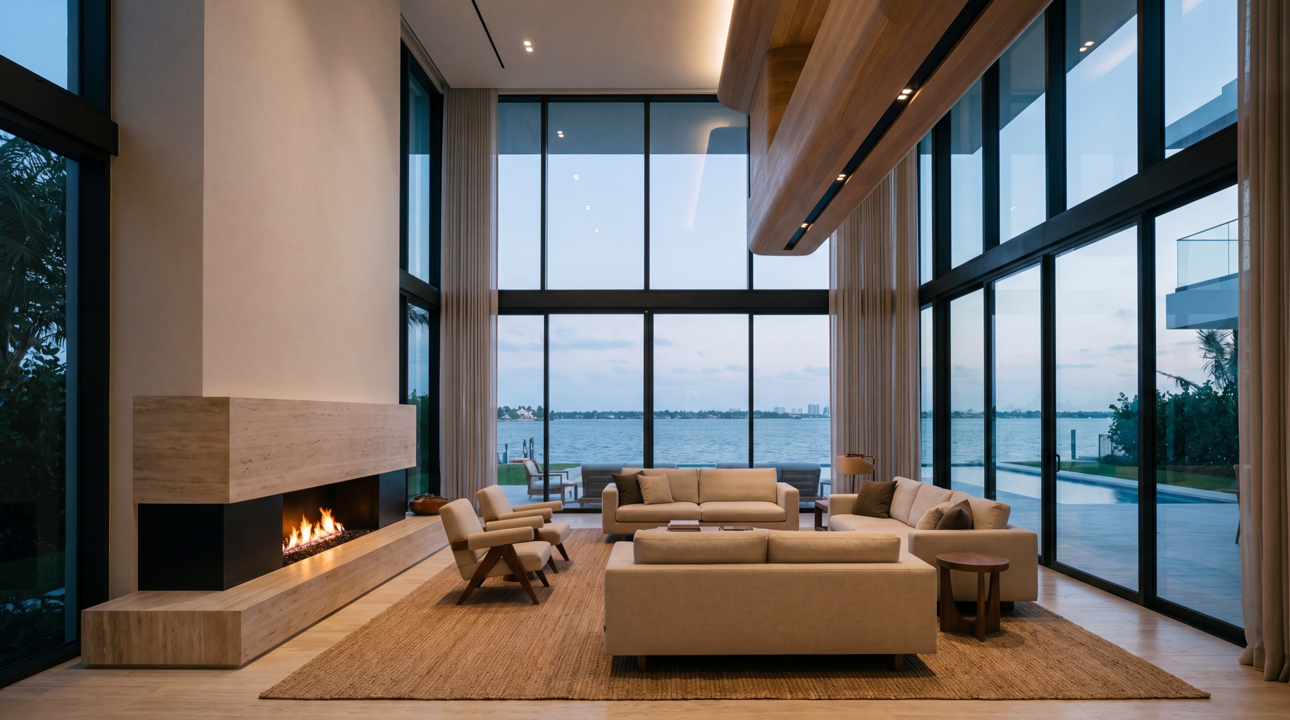Concept image of an open great room with floor-to-ceiling glass and a water view