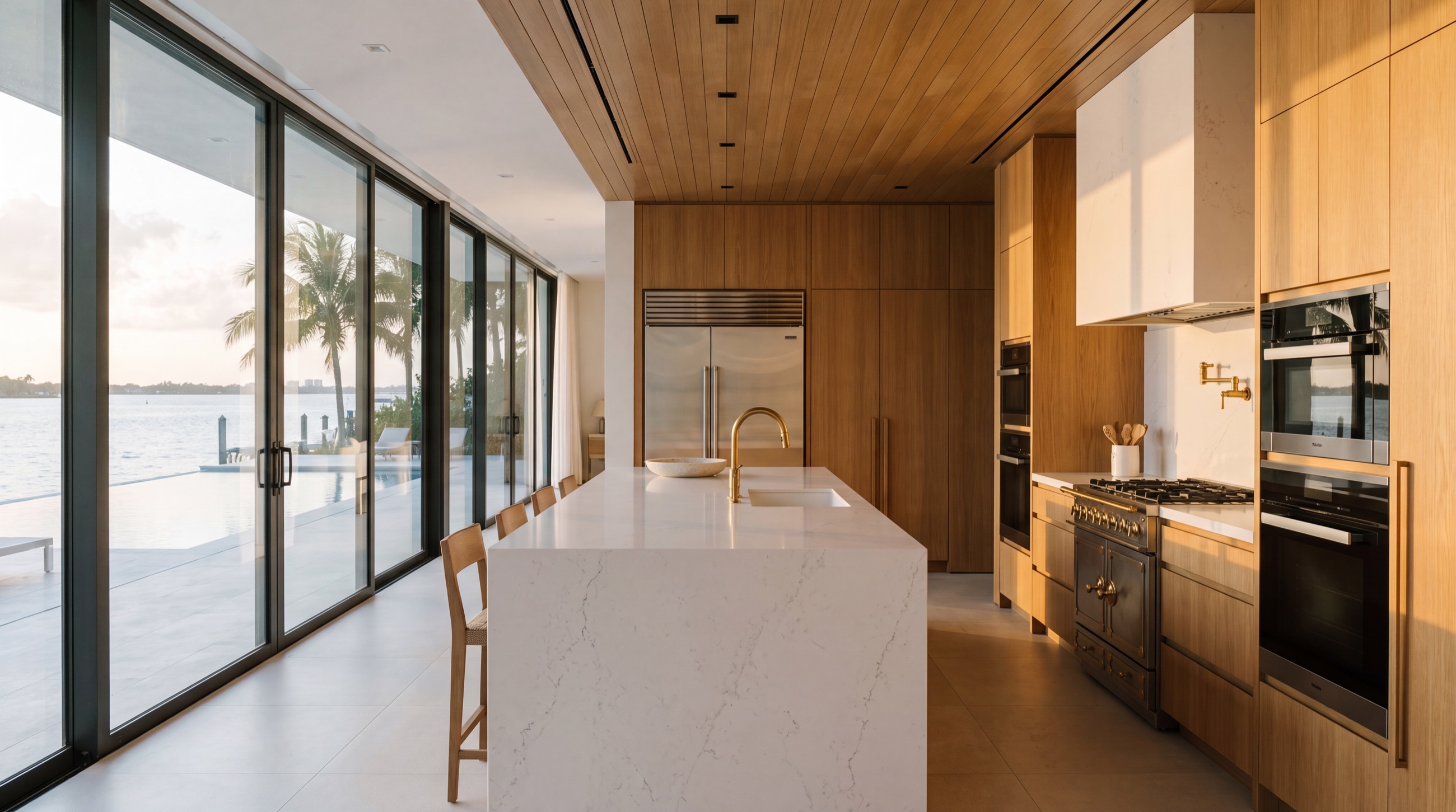 Concept image of a waterfront kitchen with a quartz waterfall island