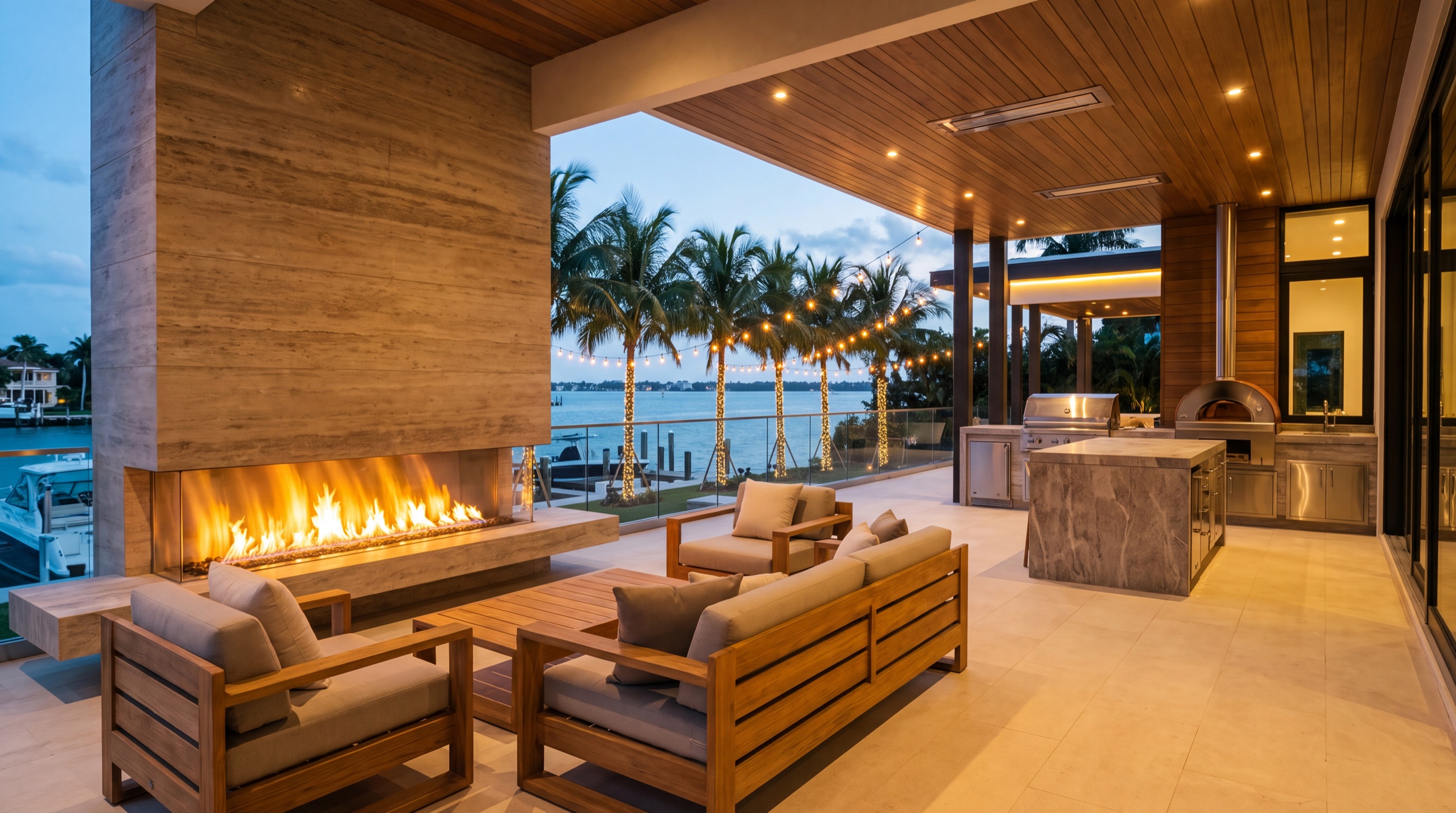 Concept image of a covered outdoor terrace and summer kitchen by the water