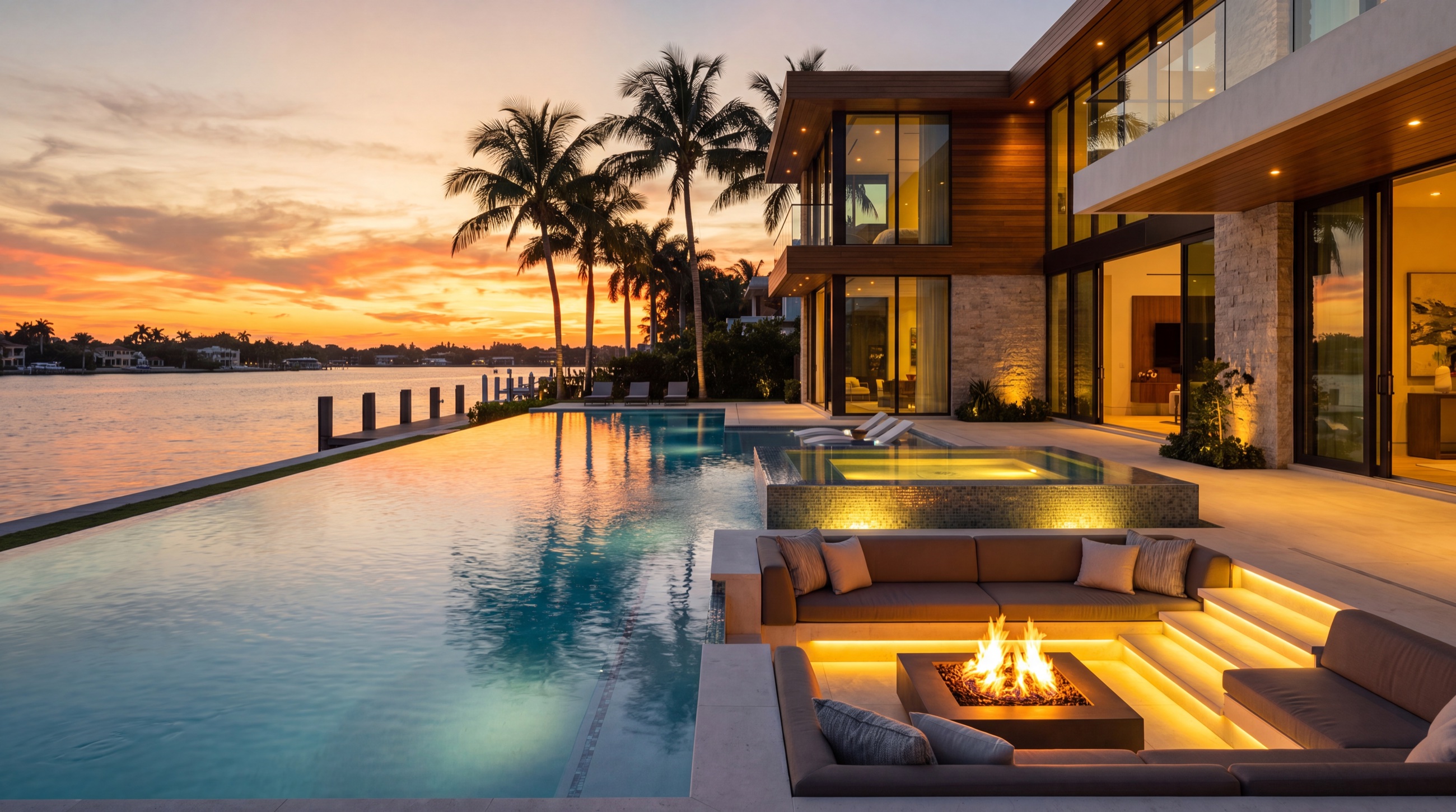 Concept image of an infinity pool and spa at dusk