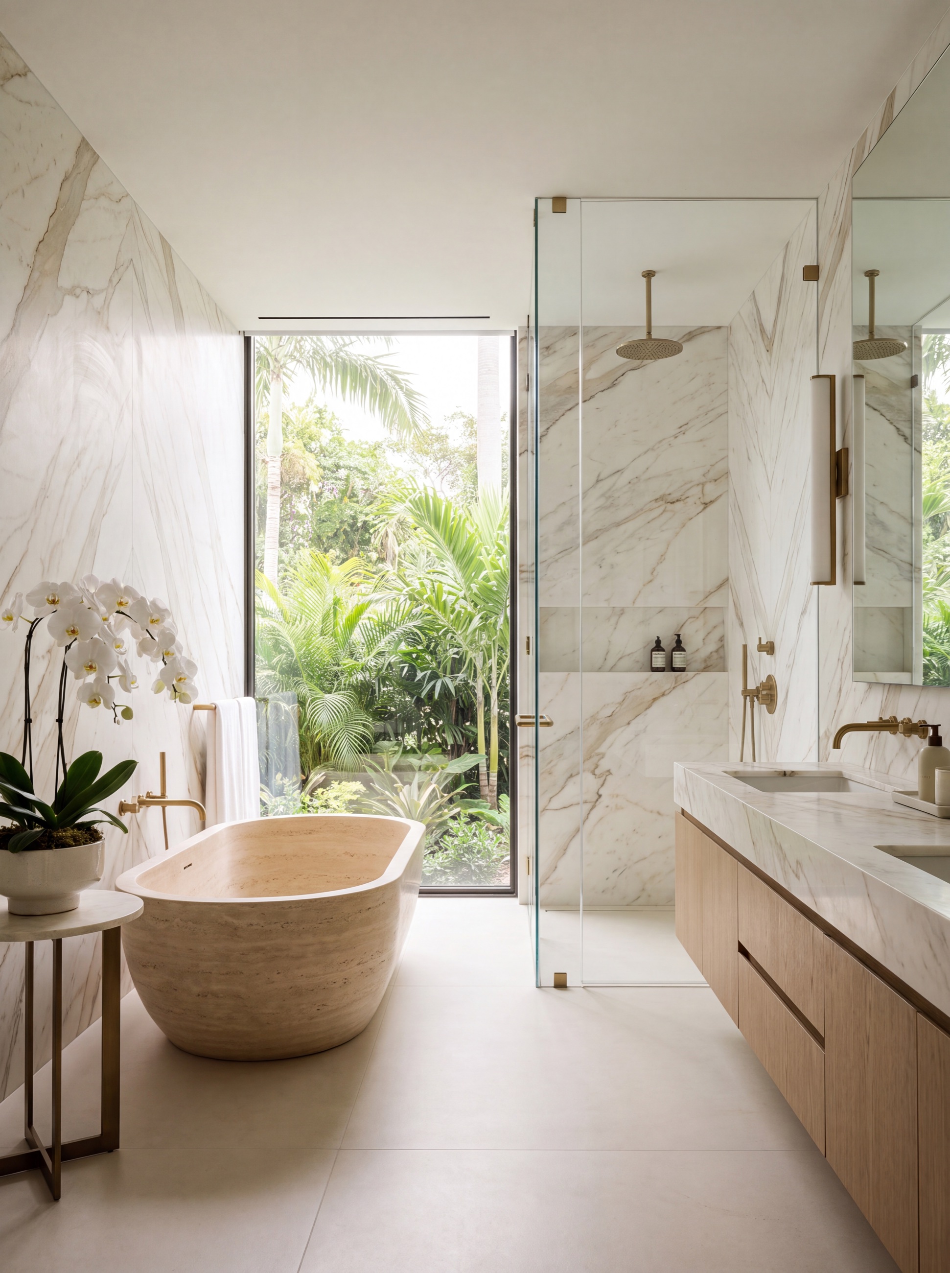 Concept image of a primary bathroom with book-matched marble and a freestanding tub