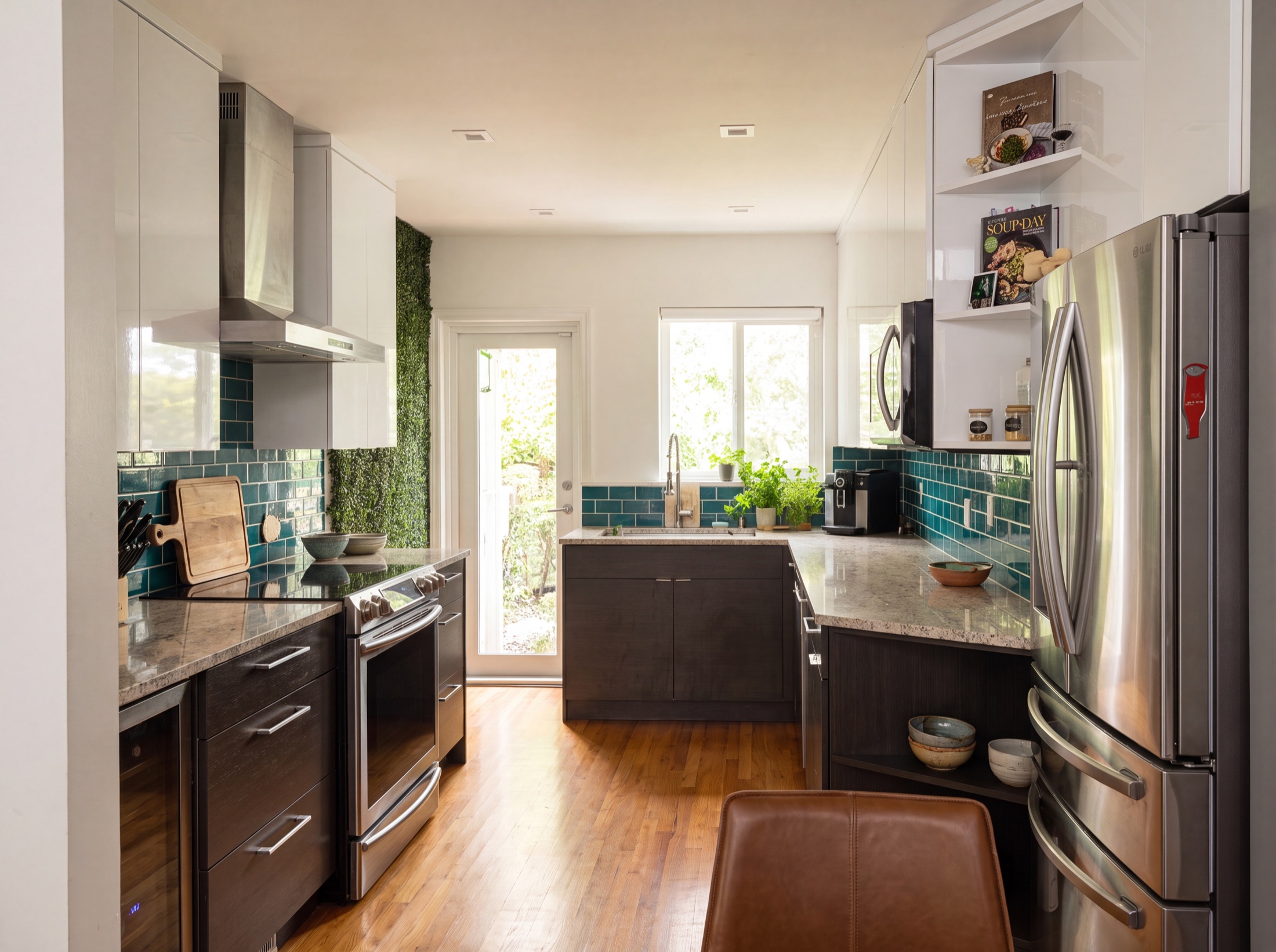Finished designer kitchen — emerald-green tile backsplash