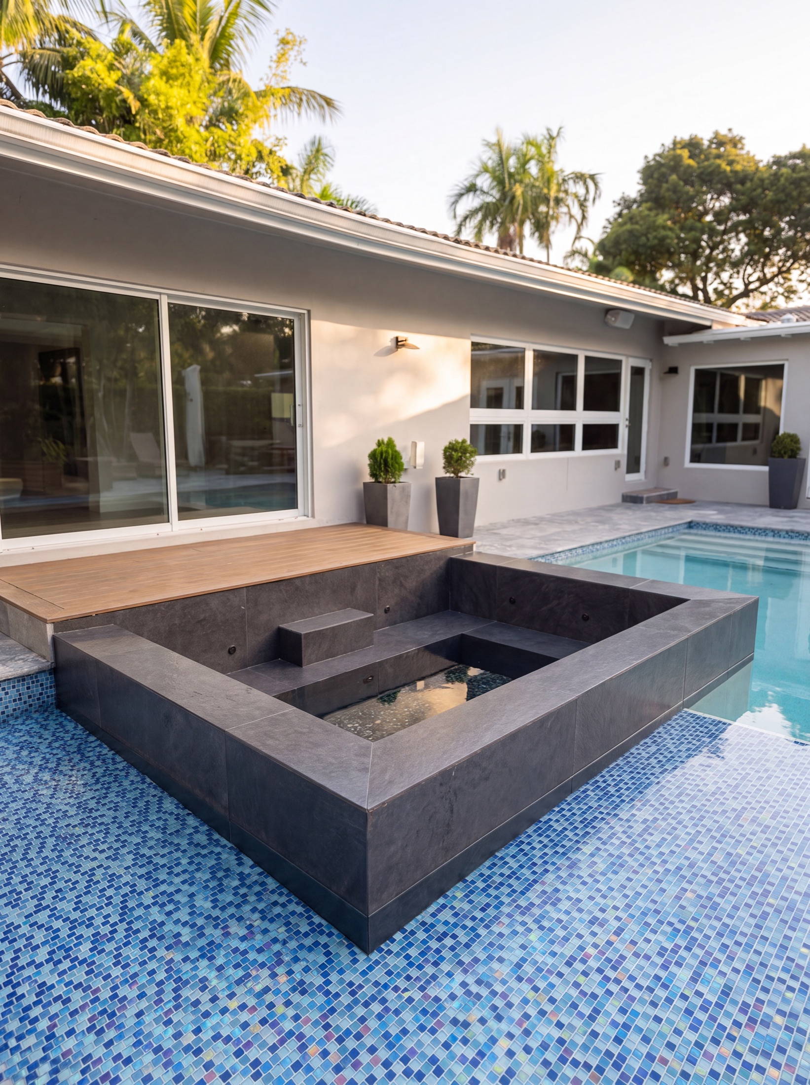 Finished custom pool and spa with glass-mosaic fire-pit lounge