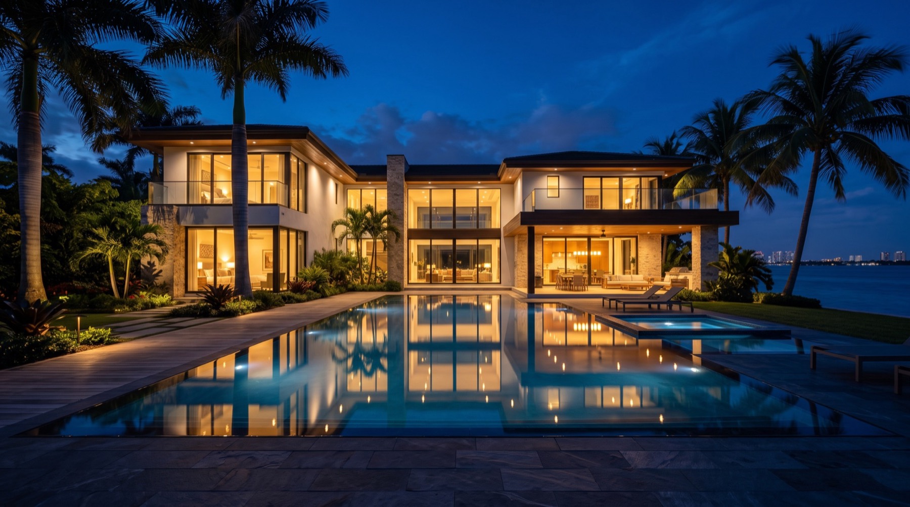 Concept image of a modern estate and pool at dusk