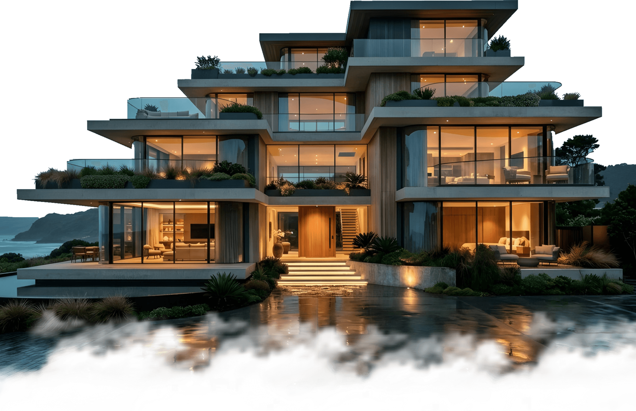 Concept image of a modern waterfront home at dusk