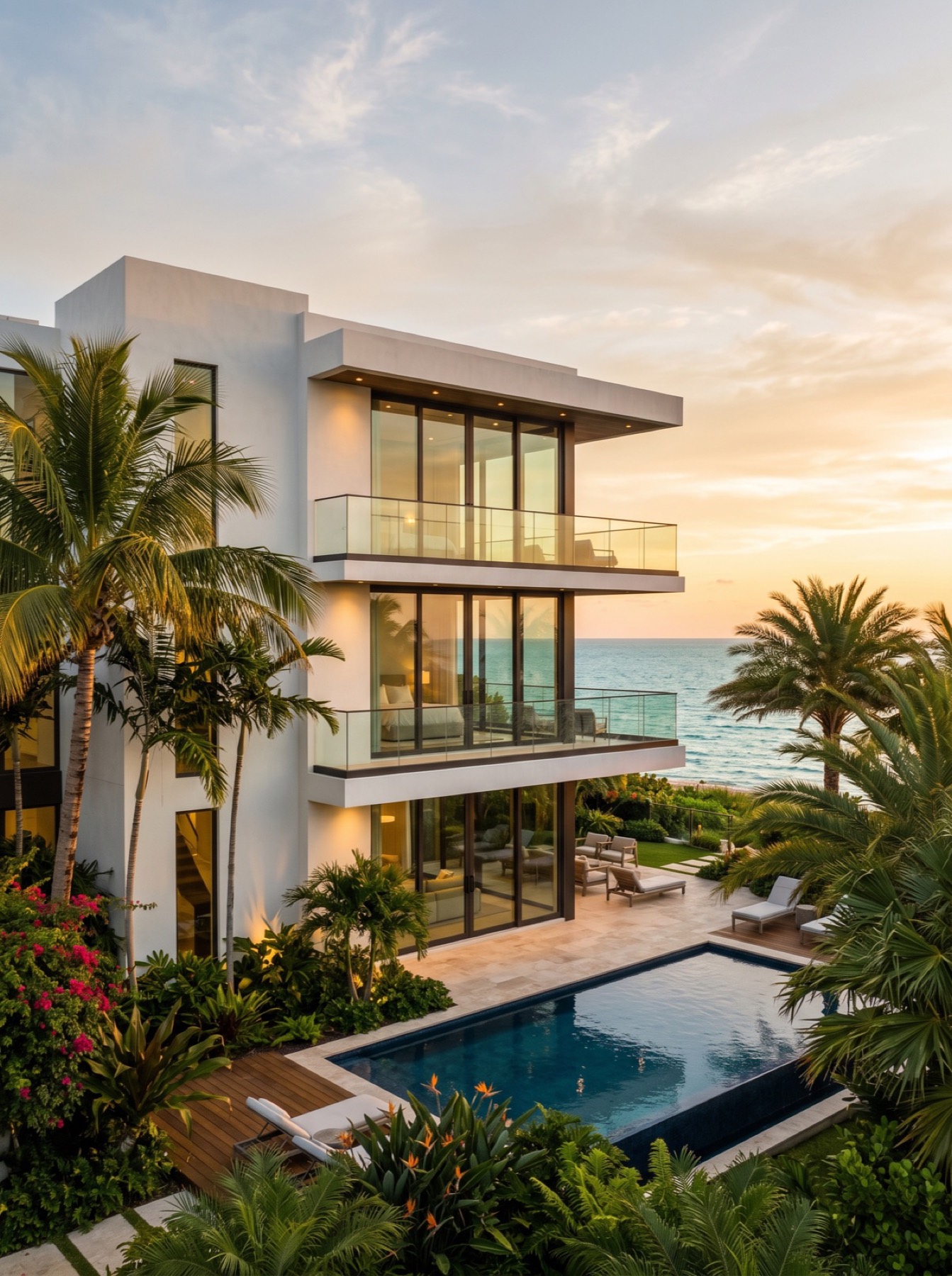 Concept image of a modern waterfront home and pool